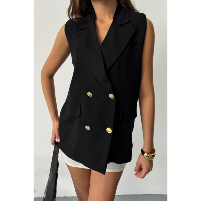 GOLD DÜĞELİ KETEN YELEK  Siyah