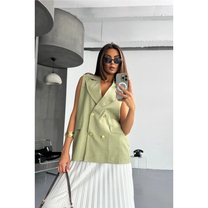GOLD DÜĞMELİ KETEN YELEK  Yeşil