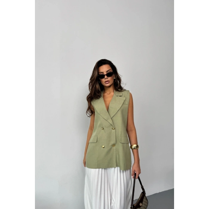 GOLD DÜĞMELİ KETEN YELEK  Yeşil