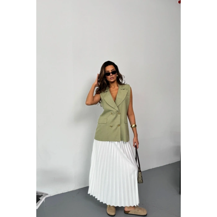 GOLD DÜĞMELİ KETEN YELEK  Yeşil