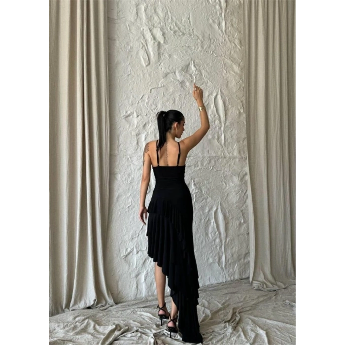 GÜLLÜ ELBİSE ASİETRİK KATLI  Siyah