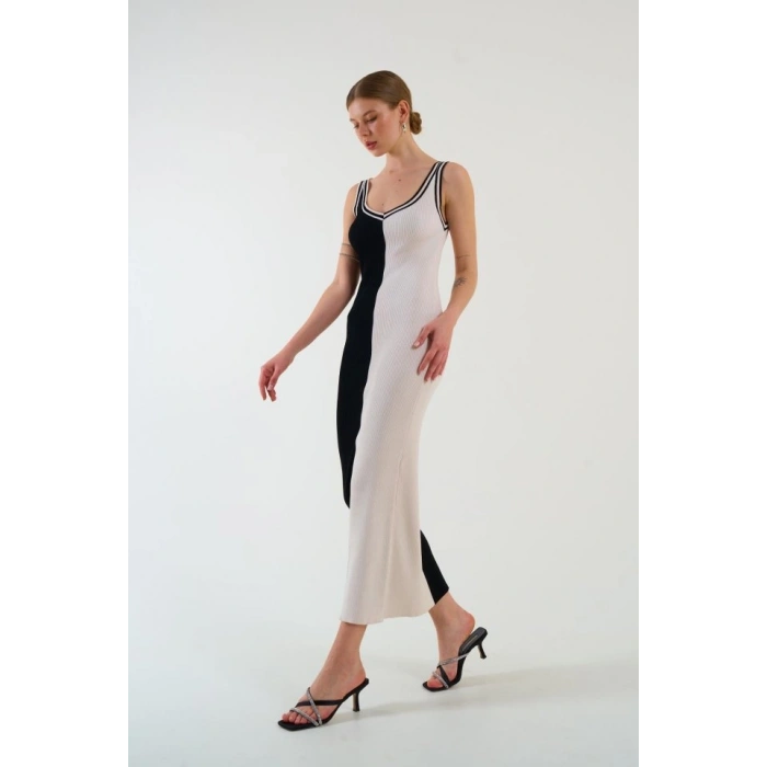 İki Renki Kolsuz Elbise  SiyahKrem