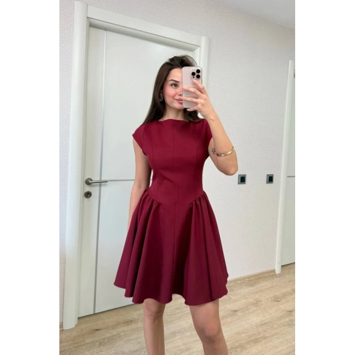 ırt Dekolteli Çan Detaylı ini Elbise  Bordo