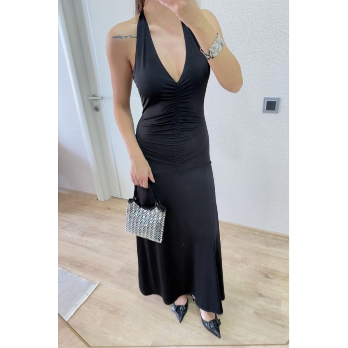 ırt Dekolteli Uzun Kollu Elbise  iyah