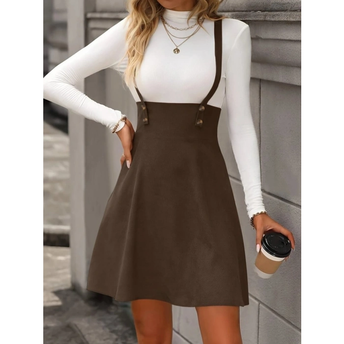 Kadın Askılı Düğmeli Mini Süet Elbise