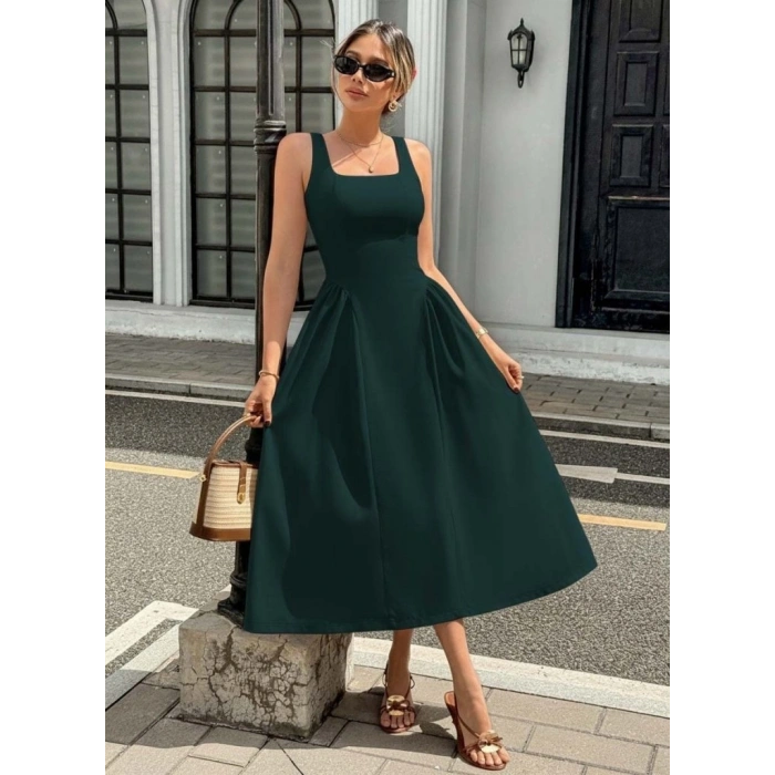 Kadın Askılı Kare Yakalı Uzun Ithal Krep Elbise