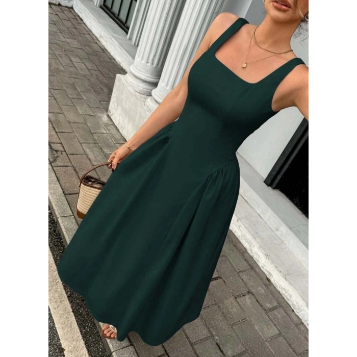 Kadın Askılı Kare Yakalı Uzun Ithal Krep Elbise