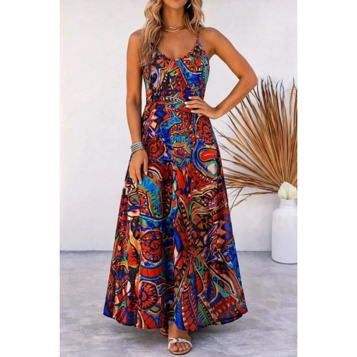 Kadın Askılı V Yakalı Desenli Uzun Süprem Elbise