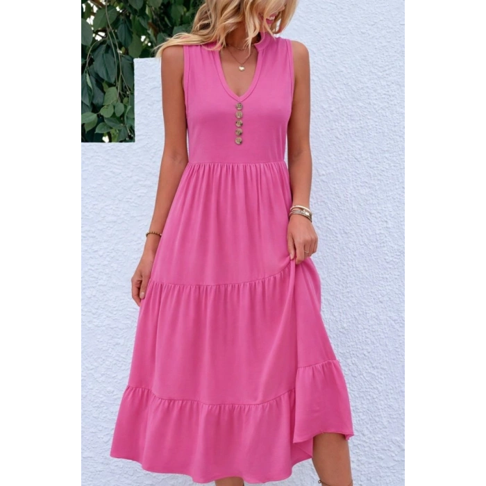 Kadın Askılı V Yakalı önden Düğmeli Midi Viskon Elbise