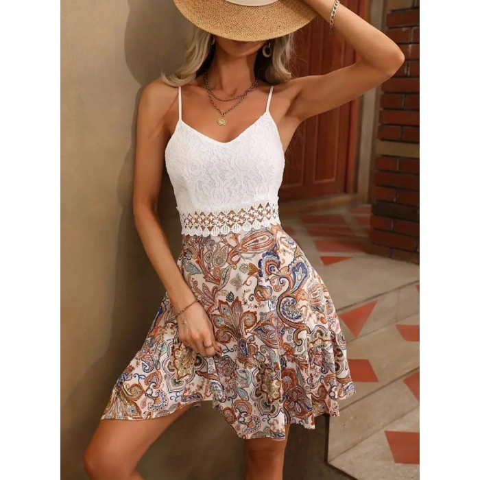 Kadın Askılı V Yakalı üst Dantel Alt Süprem Mini Elbise