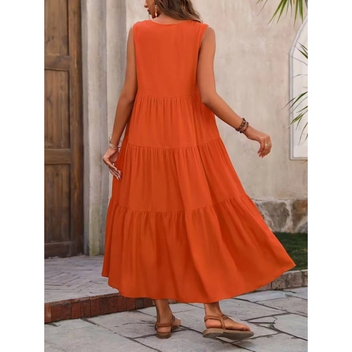 Kadın Askılı V Yakalı Uzun Dokuma Viskon Elbise