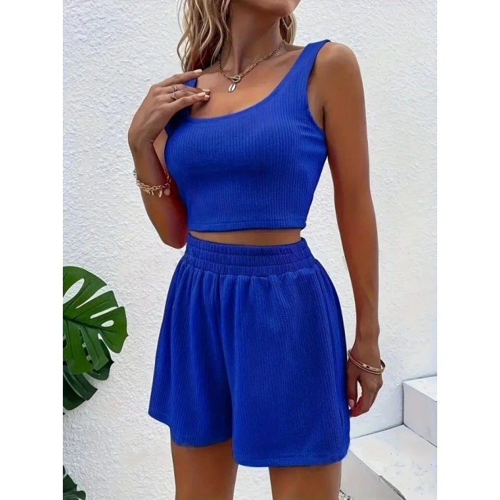 Kadın Askılı Yuvarlak Yakalı Burgu Krop Ve Bluz Short Ikili Takım