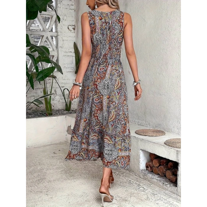 Kadın Beli Gipeli Etnik Desen Sıfır Kol Süprem Elbise