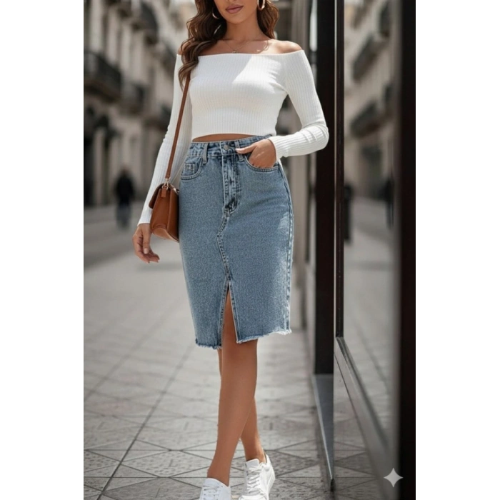 Kadın Elastik Bel Yırtık Kenar Detaylı Kot Etek