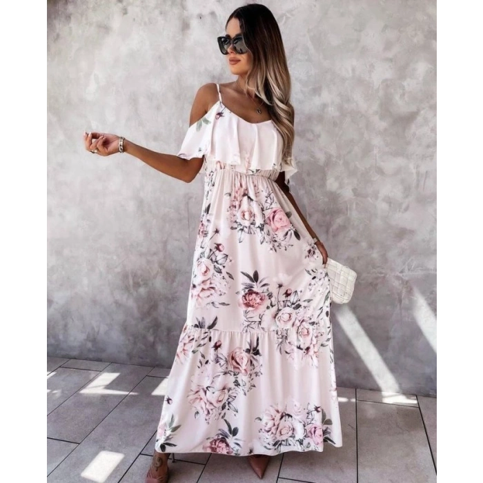 Kadın Gül Desenli Maxi Boy Mikro Kumaş Elbise