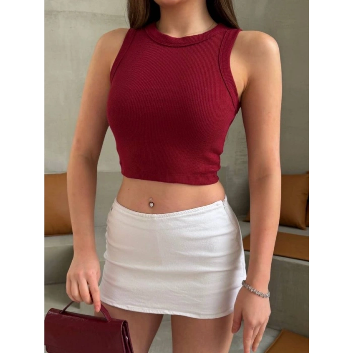 Kadın Halter Yaka Fitilli Esnek Crop Atlet