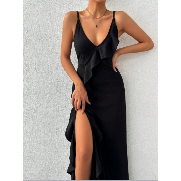 Kadın Ip Askılı Dekolteli Yırtmaç Detay Krep Elbise