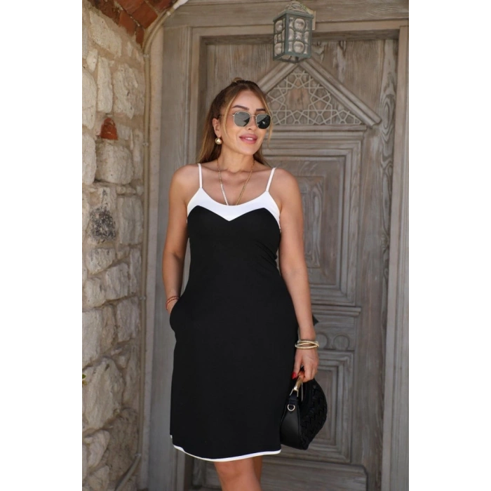 Kadın Ip Askılı Geniş V Yakalı çift Renkli Janjan Krep Elbise