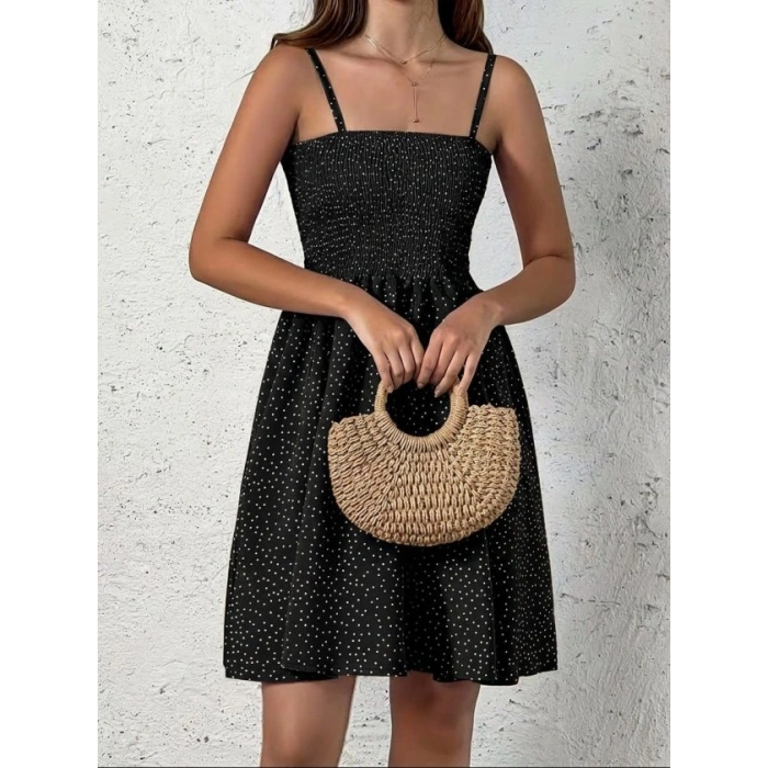 Kadın Ip Askılı Gipeli Desenli Kısa Süprem Elbise