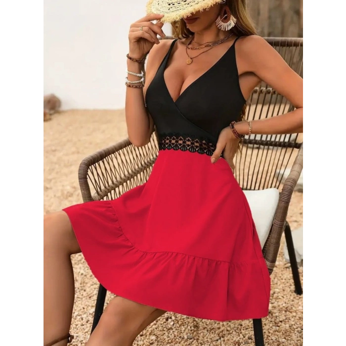 Kadın Ip Askılı Kruvaze Yaka Bel Dantel Ithal Krep Elbise