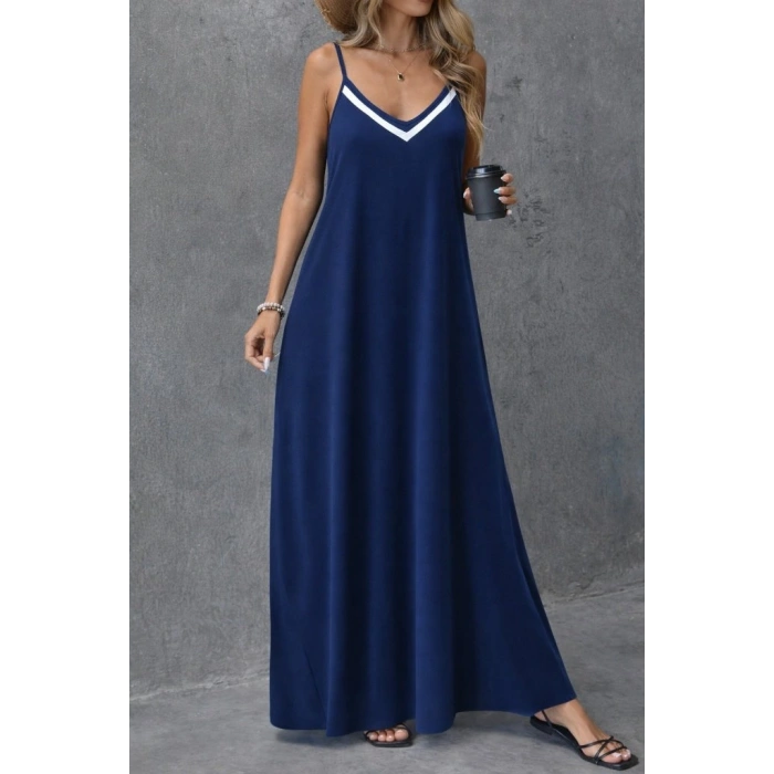 Kadın Ip Askılı V şerit Yakalı Uzun Viskon Elbise