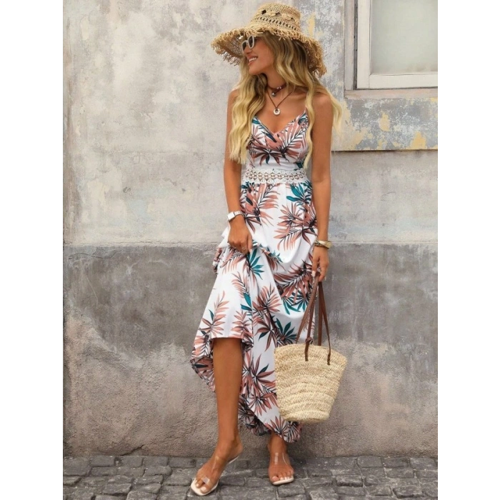 Kadın Ip Askılı V Yakalı Beli Dantelli Uzun Süprem Elbise