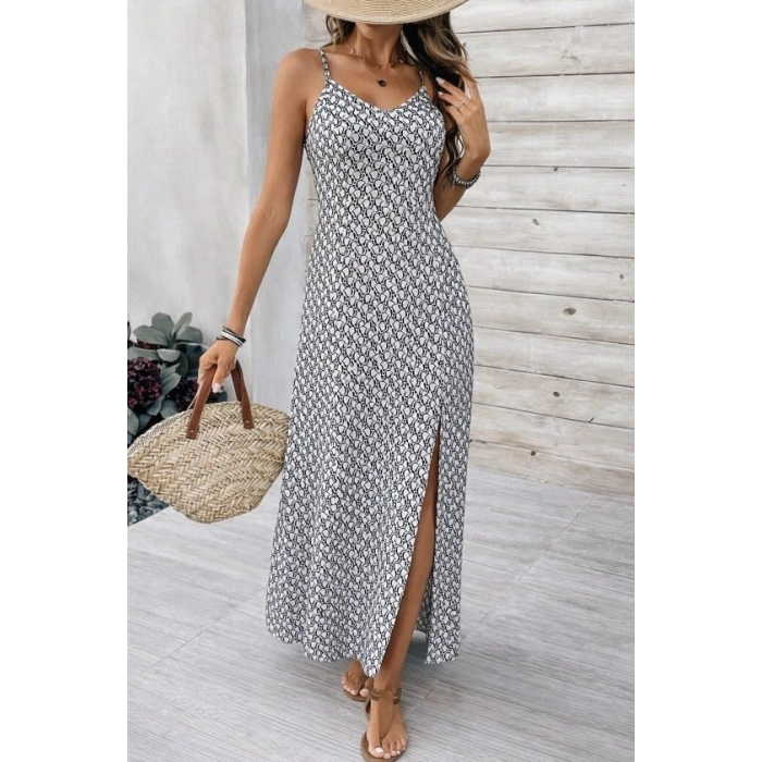 Kadın Ip Askılı V Yakalı Yırtmaçlı Uzun Süprem Elbise