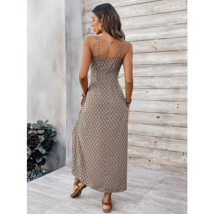 Kadın Ip Askılı V Yakalı Yırtmaçlı Uzun Süprem Elbise