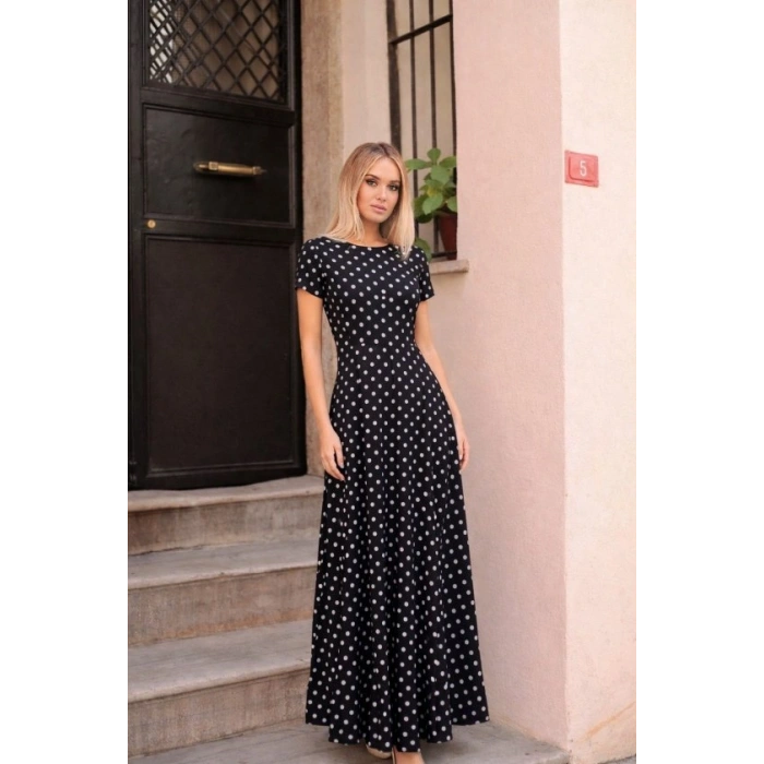 Kadın Kısa Kollu Bisiklet Yaka Puantiyeli Maksi örme Krep Elbise