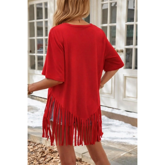 Kadın Kısa Kollu Bisiklet Yaka Püsküllü Viskon Bluz