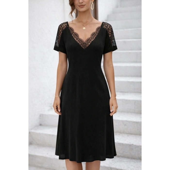 Kadın Kısa Kollu Dantel V Yakalı Midi Viskon Elbise