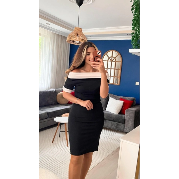 Kadın Kısa Kollu Kayık Yaka Arkadan Yakalı Ithal Krep Elbise