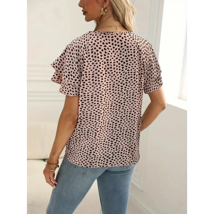 Kadın Kısa Kollu Kolları Volanlı Baskılı Süprem Bluz