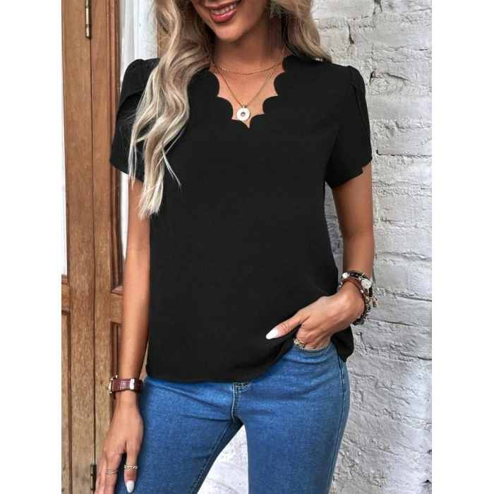 Kadın Kısa Kollu Lazer V Yakalı Ithal Krep Bluz