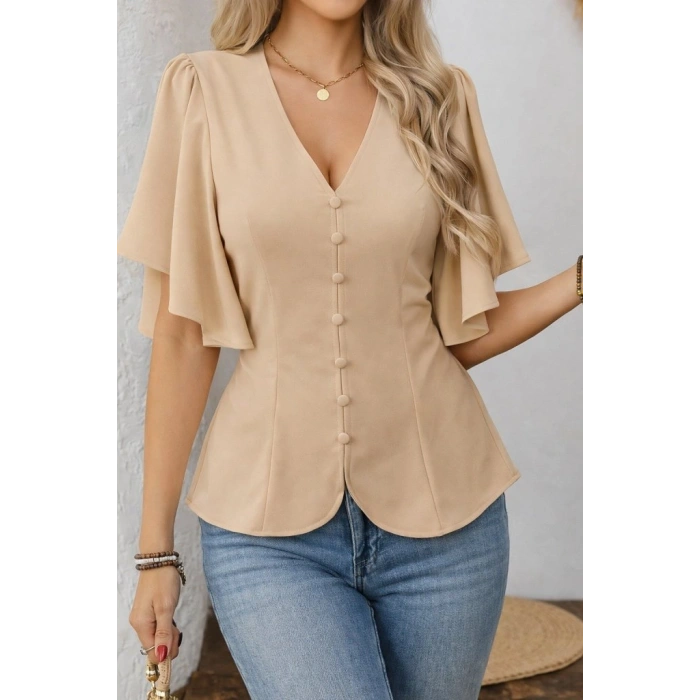Kadın Kısa Kollu önden Düğmeli Ithal Krep Bluz