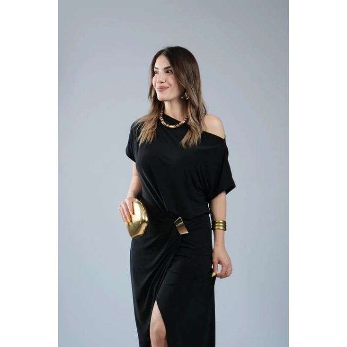 Kadın Kısa Kollu Tek Omuzdan Açık Beli Lastikli Sandy Maxi Elbise