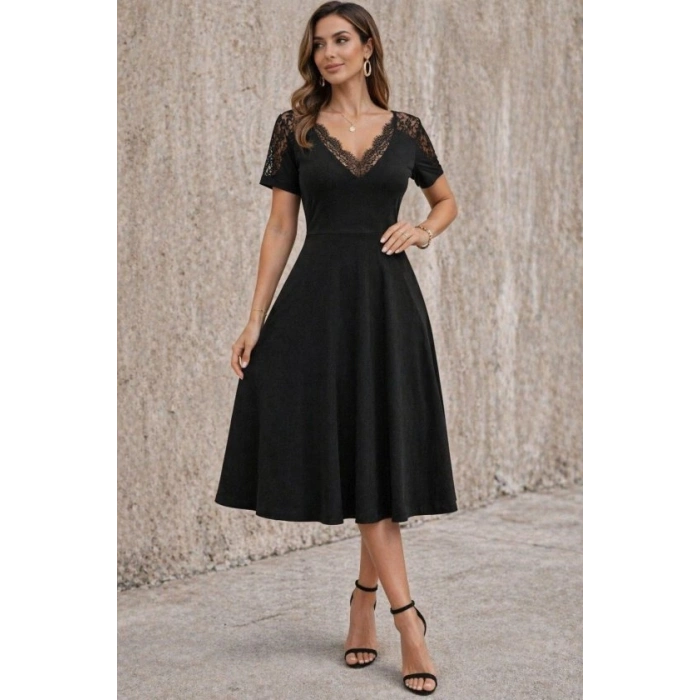 Kadın Kısa Kollu V Dantel Yakalı Midi Viskon Elbise