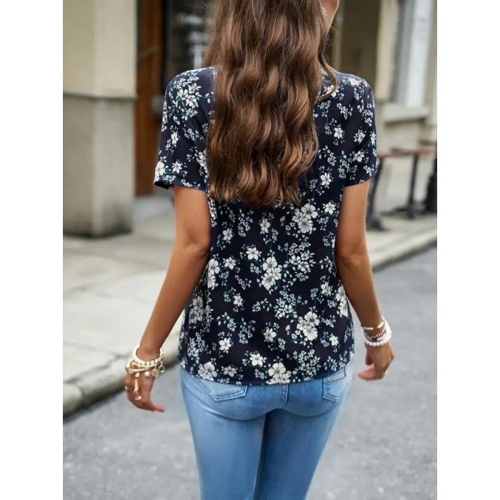 Kadın Kısa Kollu V Yakalı çiçek Baskılı Süprem Bluz