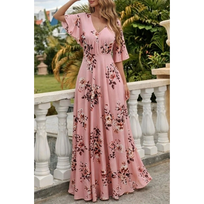 Kadın Kısa Kollu V Yakalı Desenli Süprem Elbise