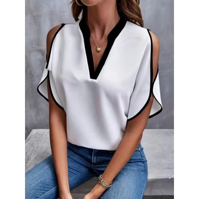 Kadın Kısa Kollu V Yakalı Ithal Krep Bluz