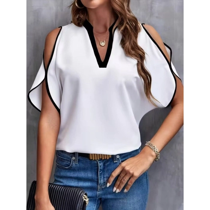 Kadın Kısa Kollu V Yakalı Ithal Krep Bluz