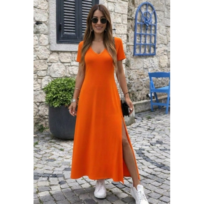 Kadın Kısa Kollu V Yakalı Maksi Boy Viskon Elbise