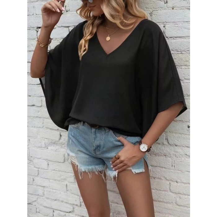 Kadın Kısa Kollu V Yakalı Salaş Viskon Bluz