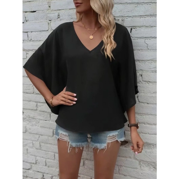 Kadın Kısa Kollu V Yakalı Salaş Viskon Bluz