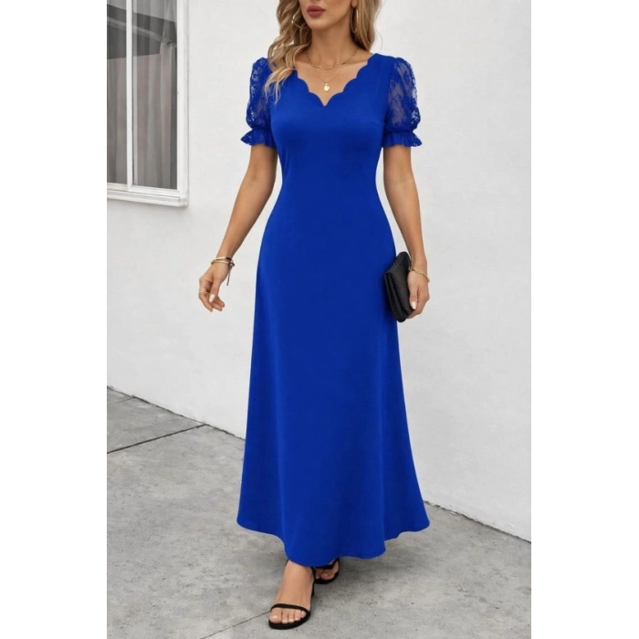 Kadın Kısa Kollu V Yakalı Uzun Janjan Elbise