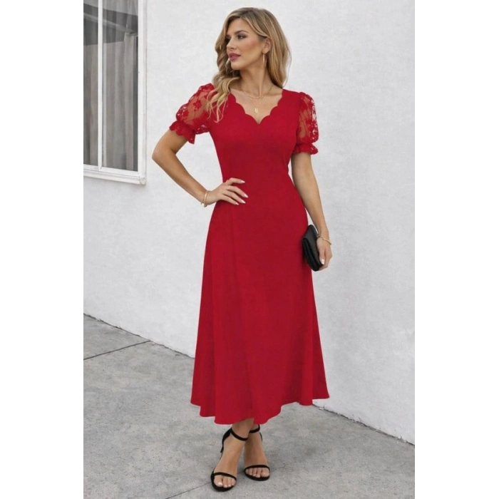 Kadın Kısa Kollu V Yakalı Uzun Janjan Elbise