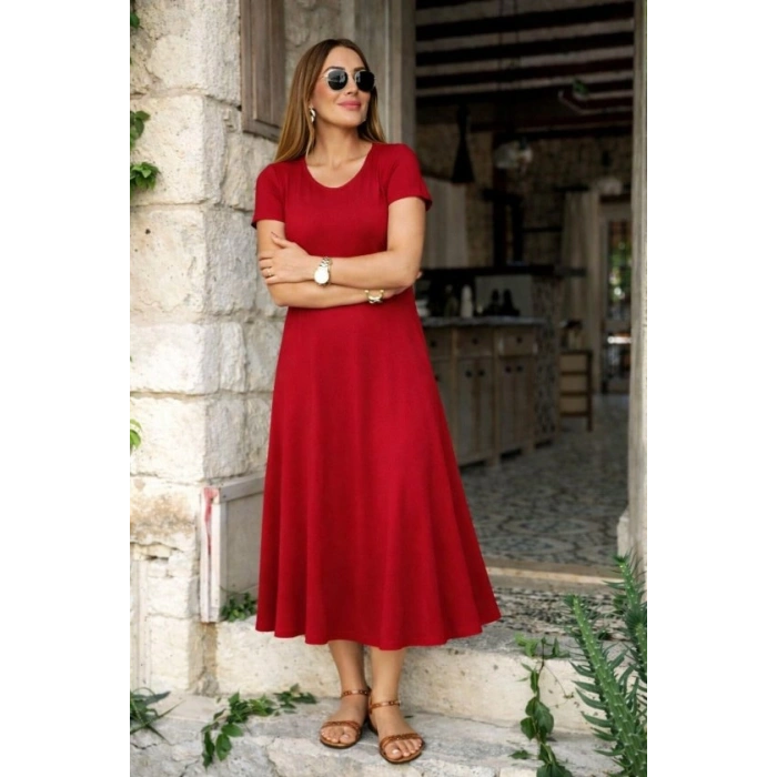 Kadın Kısa Kollu V Yakalı Yırtmaçlı Midi Viskon Elbise