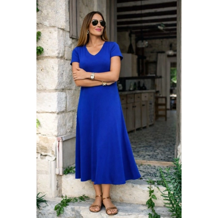 Kadın Kısa Kollu V Yakalı Yırtmaçlı Midi Viskon Elbise