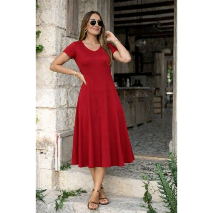 Kadın Kısa Kollu V Yakalı Yırtmaçlı Midi Viskon Elbise