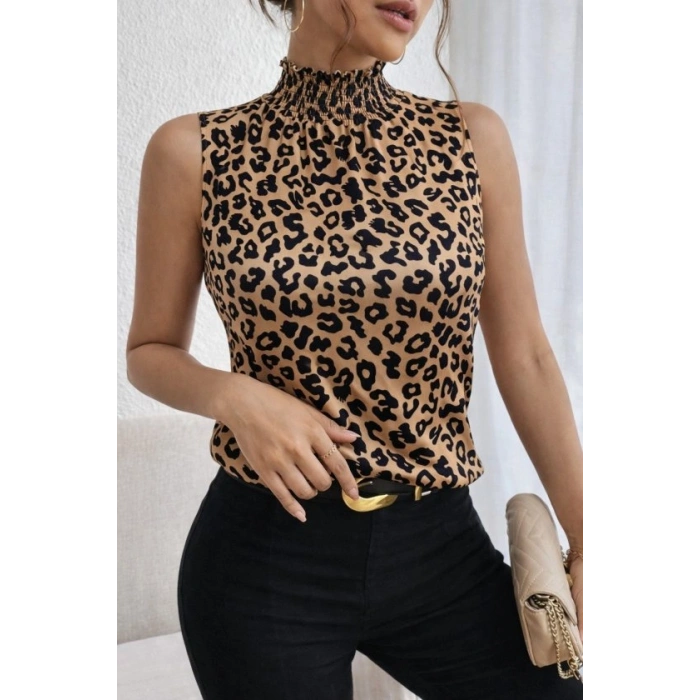 Kadın Kolsuz Balıkçı Yaka Desenli Süprem Bluz